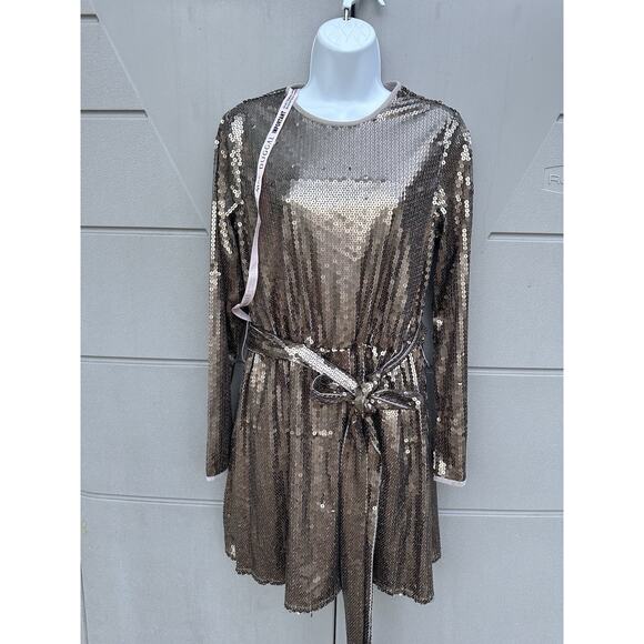 Mac Duggal Gold Sequin Embellish Long Sleeve High Neck Mini Dress Sz 8 $398 NYE - Picture 3 of 15